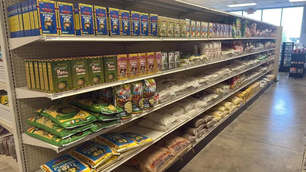 Pantry staples including fufu mix and flour